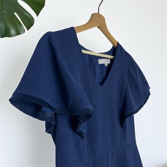 LOFT Fringe Trimmed Flutter Sleeve Dress in Navy - Picture 10 of 11